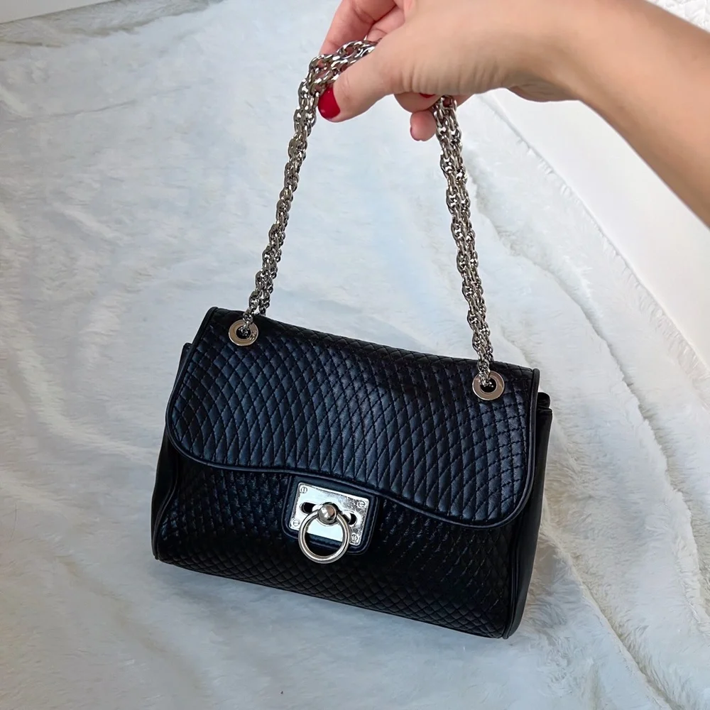 Ann Taylor Genuine Leather Quilted Flap Shoulder Handbag Black Chain Strap - Picture 6 of 17